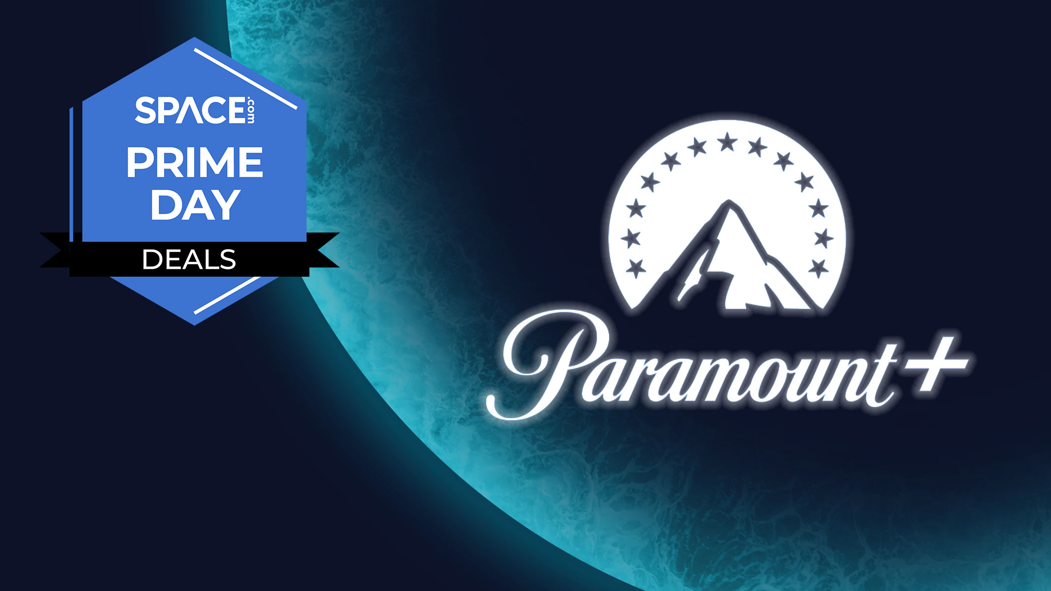 The silhouette of a mountain is surrounded by a halo and stars with the cursive writing &quot;Paramount+&quot; written underneath, all on a blue planet background with the space.com logo in the top left corner.