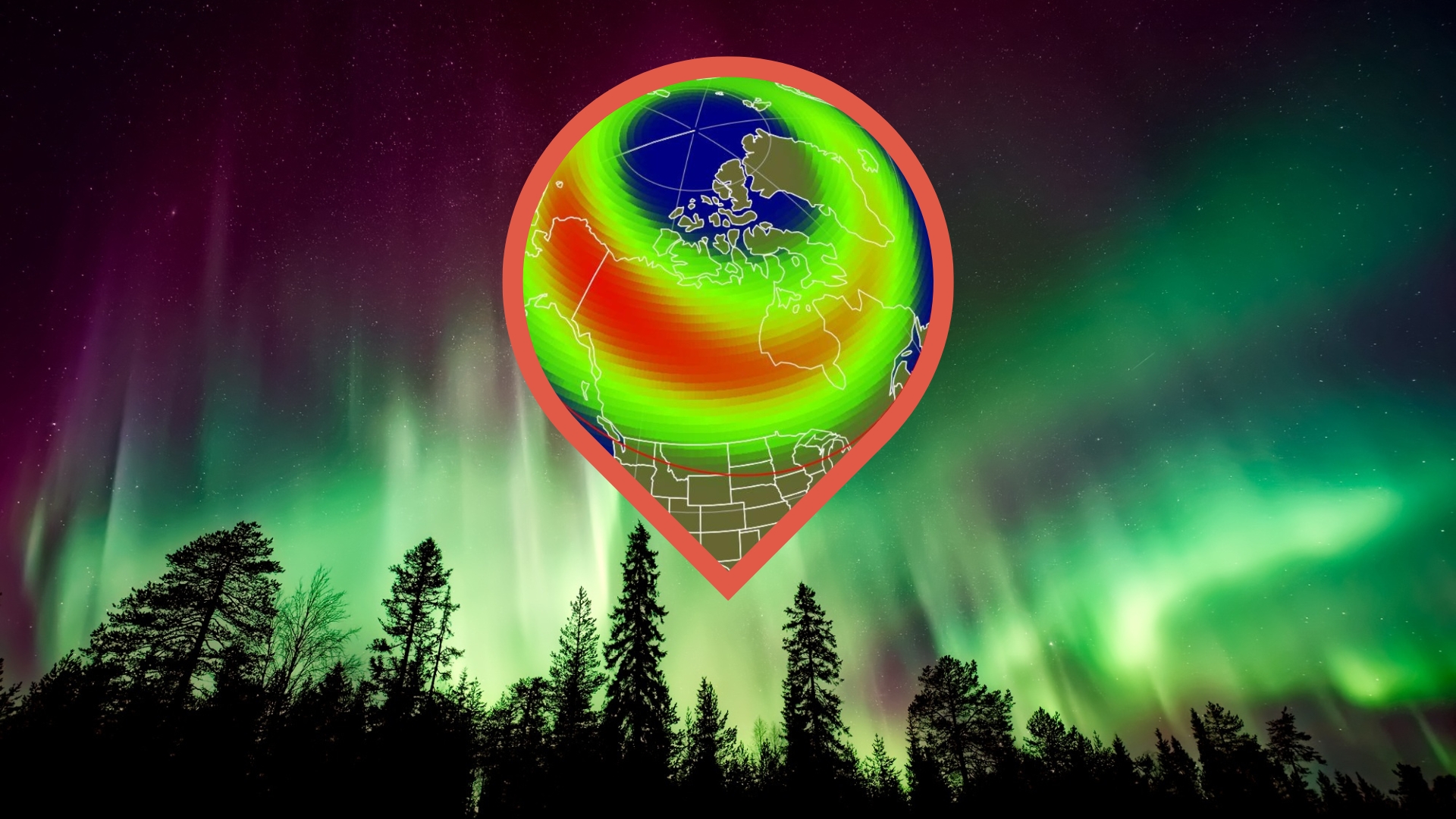 graphic showing the northern lights in the background. a location marker is in the foreground that contains an image of the aurora visibility map over the united states.