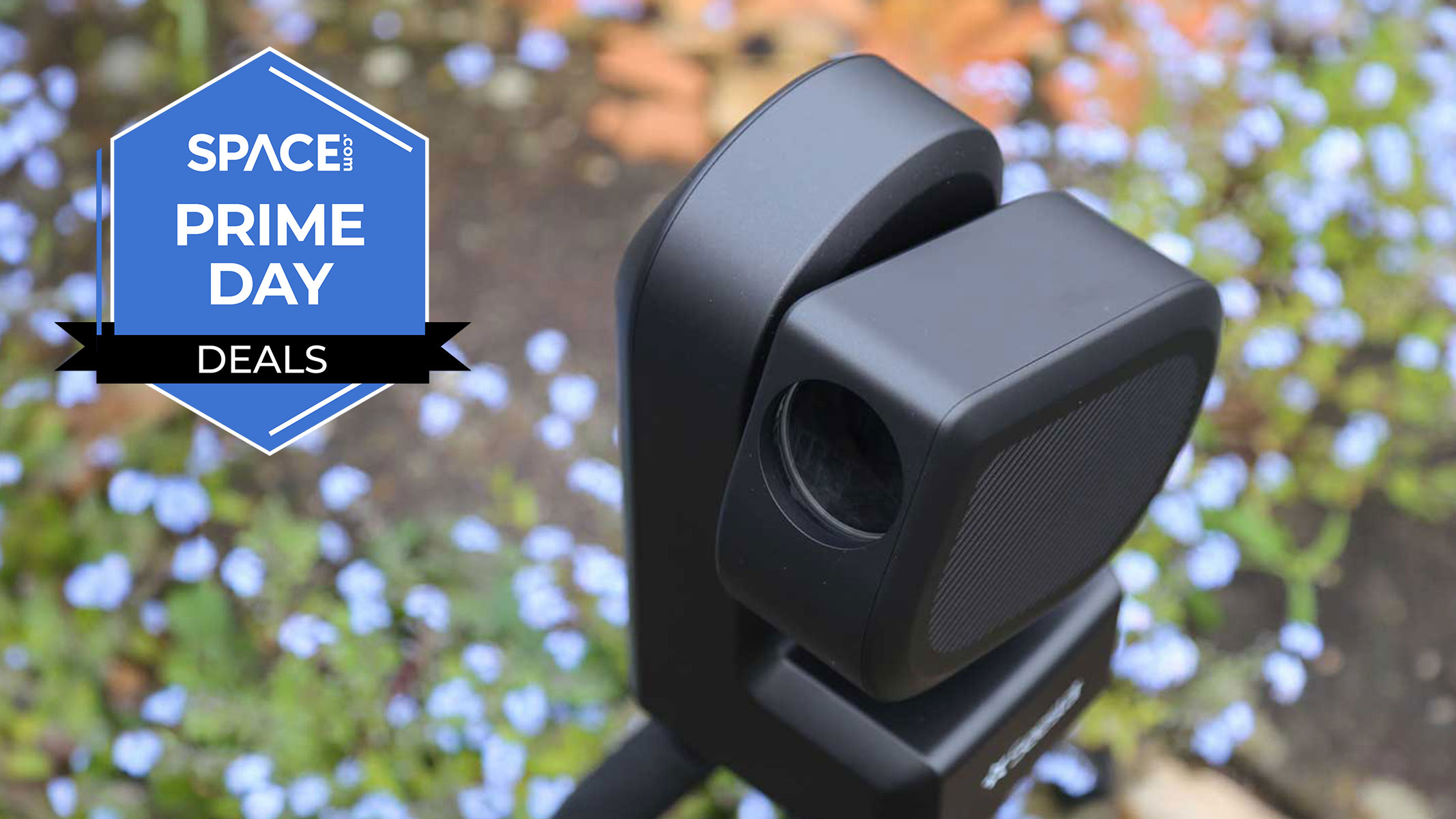 The ZWO Seestar S50 on a background of flowers with blue Space.com Prime Day badge in the upper-left corner. 