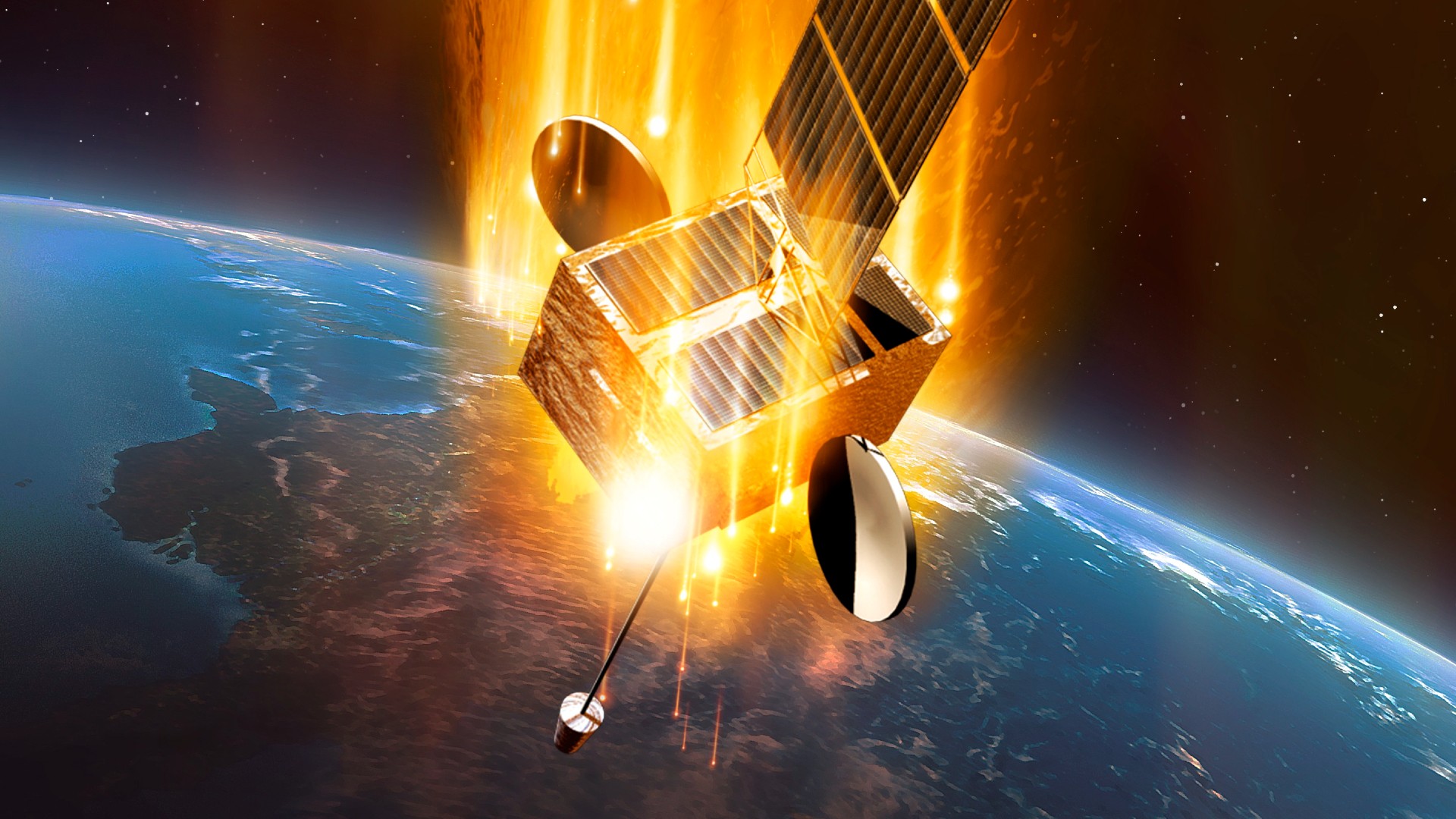 a cube-shaped spacecraft with two wing-like solar panels falls from space to earth, leaving a trail of fire behind it