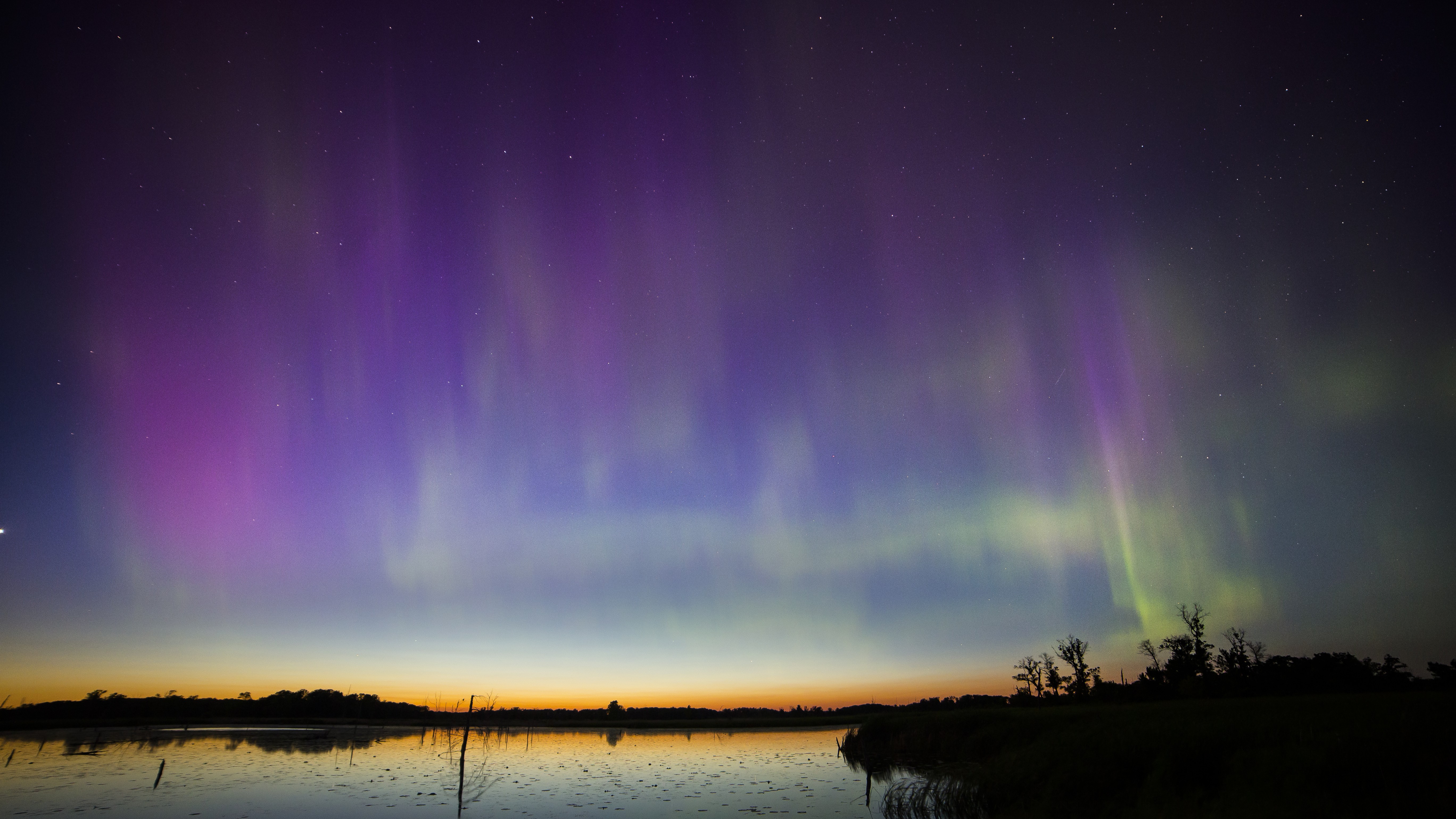 northern lights over a body of water in Minnesota, U.S. The auroras appear as delicate ribbons of green and purple light