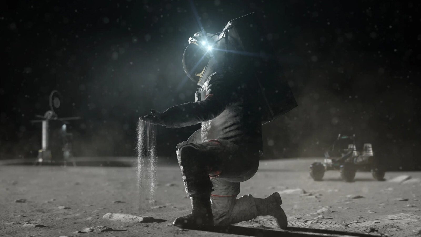 an astronaut in a bulky space suit kneels on a dusty grey surface, allowing dust to pour from their gloved hand