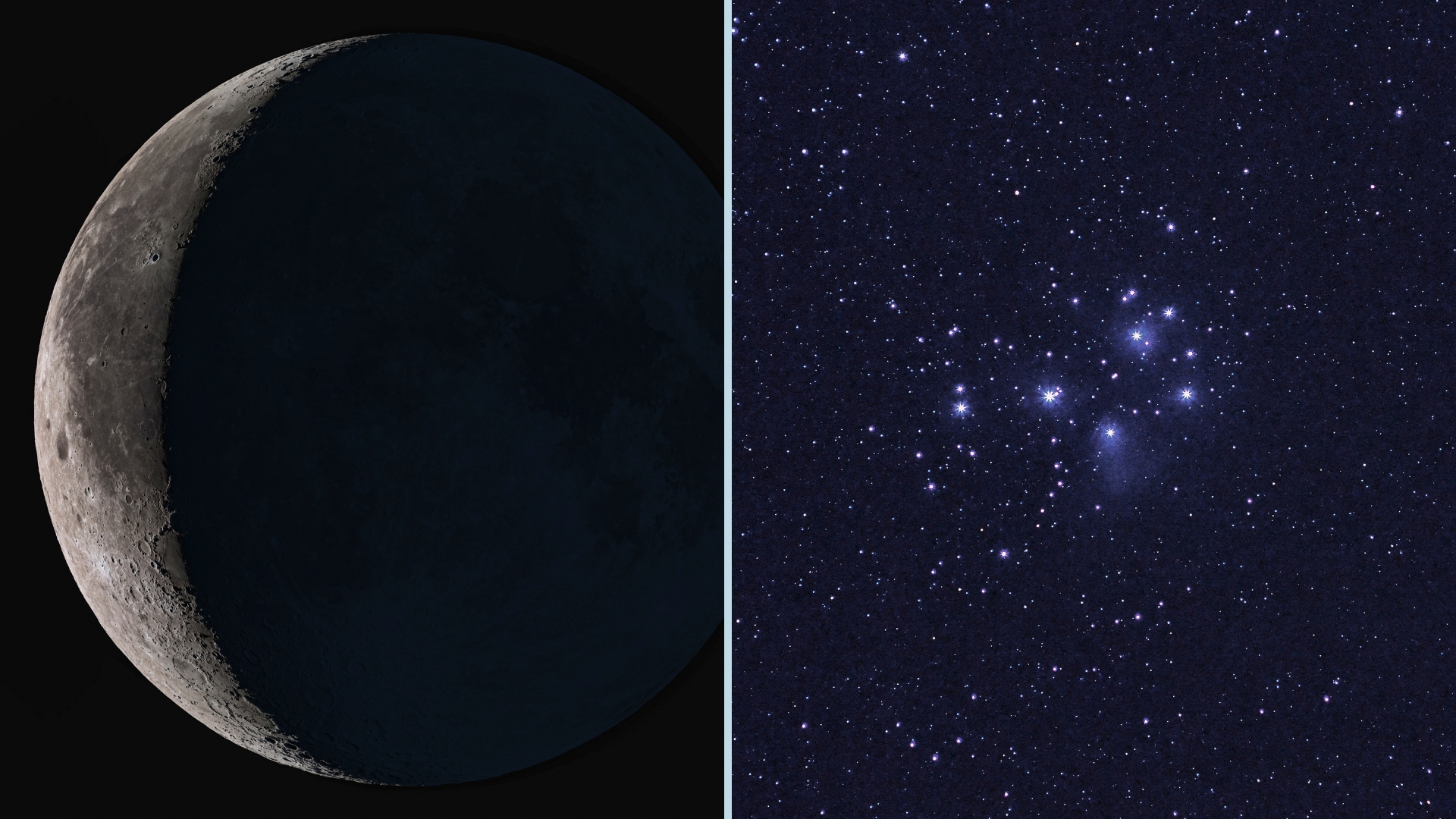 Two images next to each other, one of a close up of the moon (on the left) and on the right a cluster of stars in the night sky
