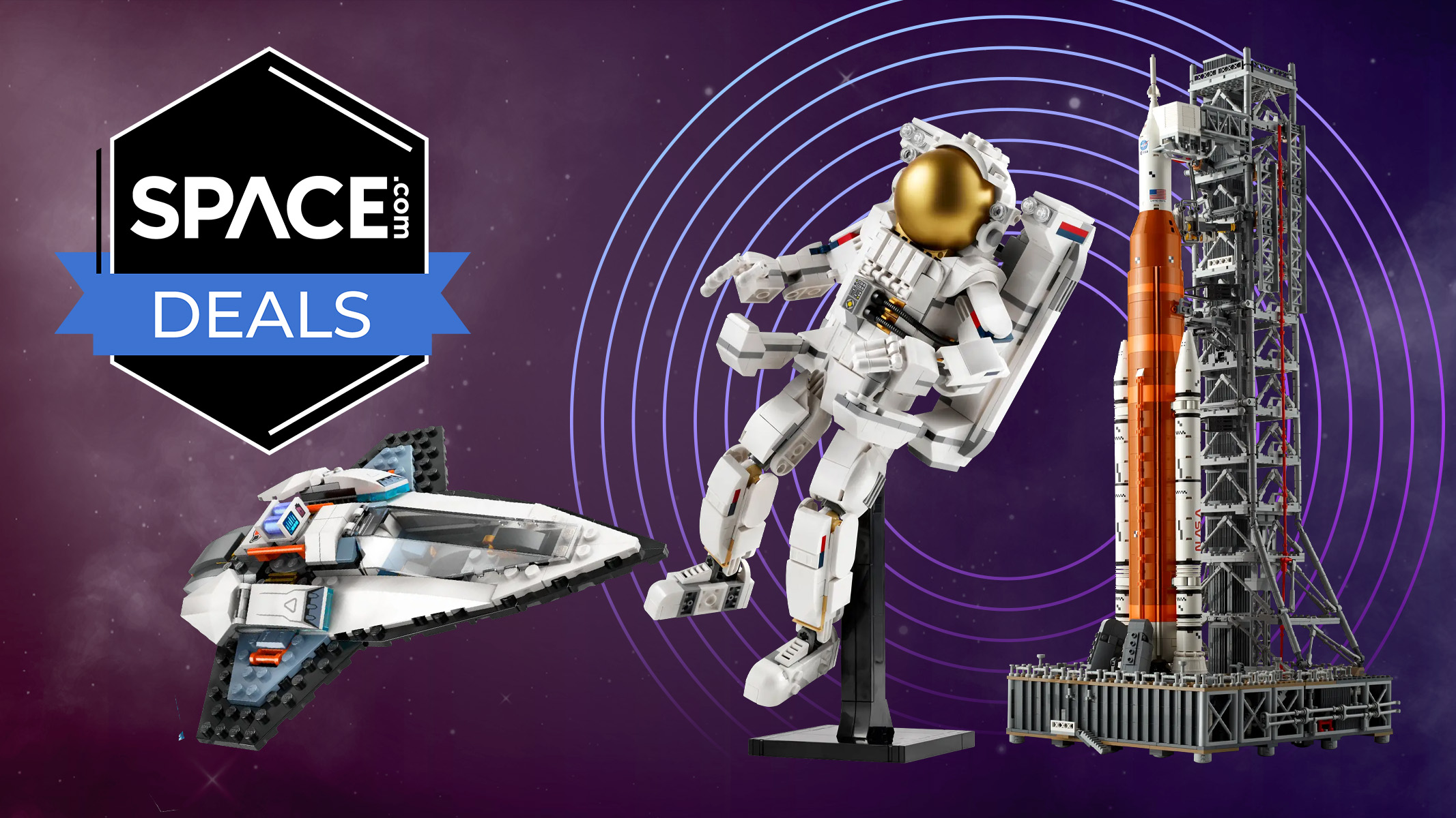 Three space-themed Lego sets on a purple background with a 'Space.com deals' badge