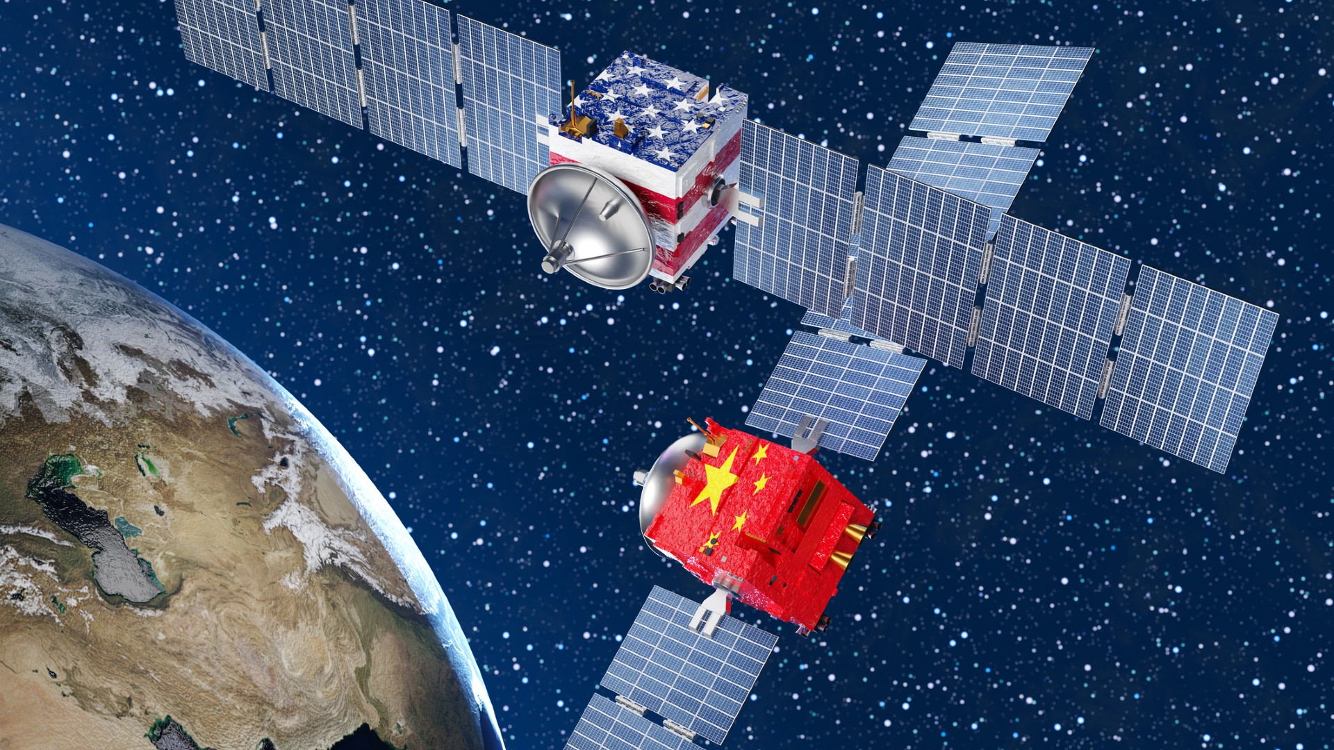 two cube-shaped satellites in orbit above Earth, one bearing the American flag and the other the Chinese flag