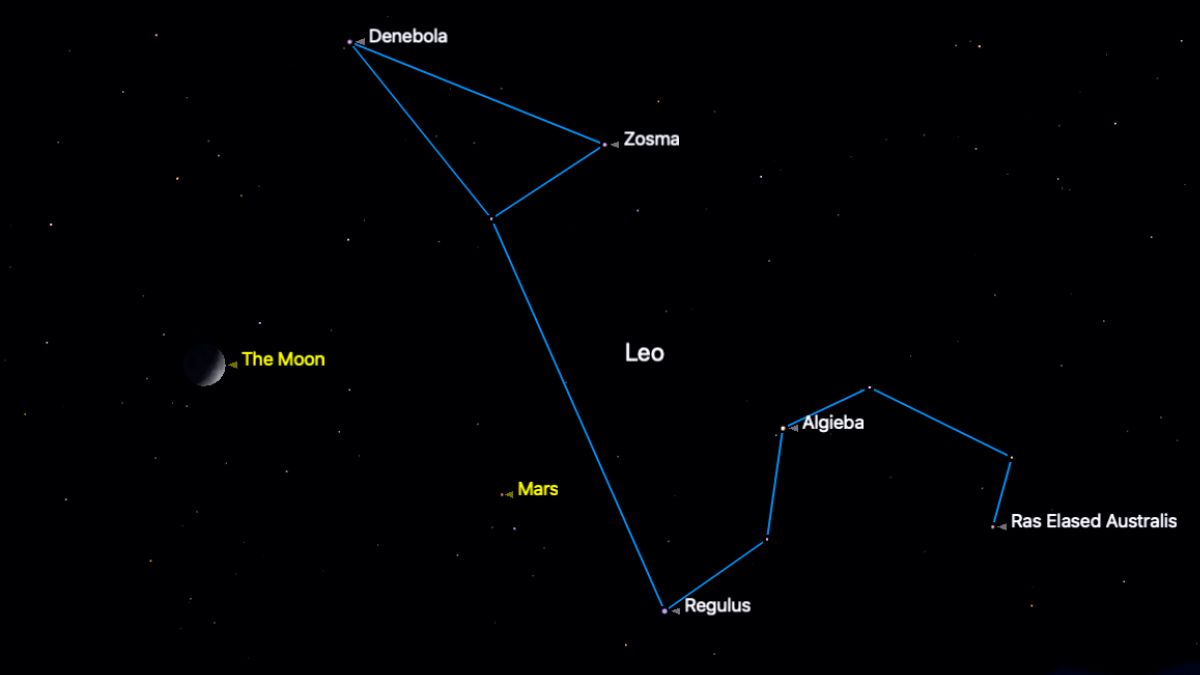 The position of the crescent moon is shown on a simulated night sky for June 30 with Mars to the lower right of the lunar disk and the bright stars of the constellation Leo visible to the right of the screen, connected by a blue line.