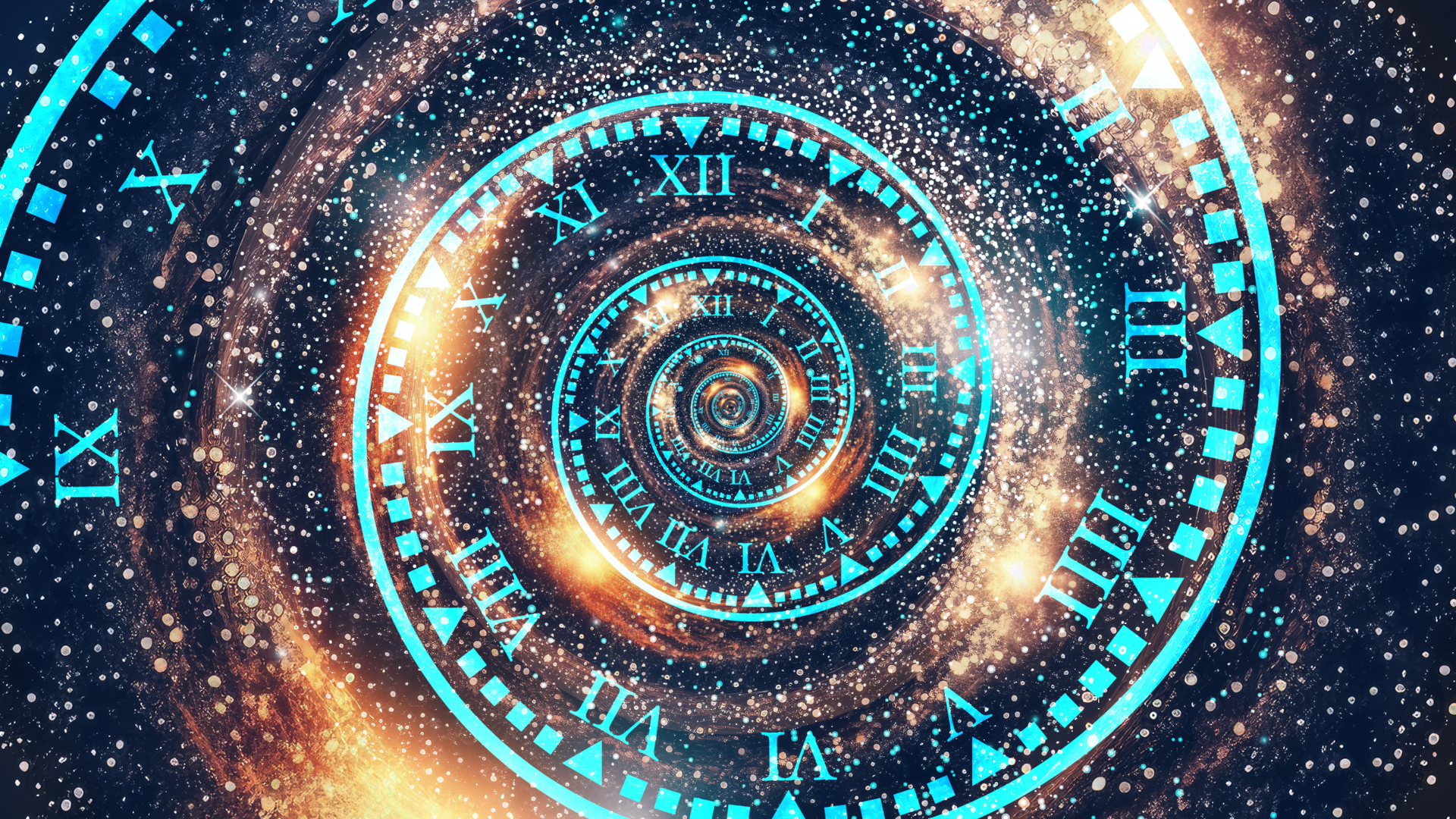 A spiralling time vortex with roman numerals and cosmic elements.