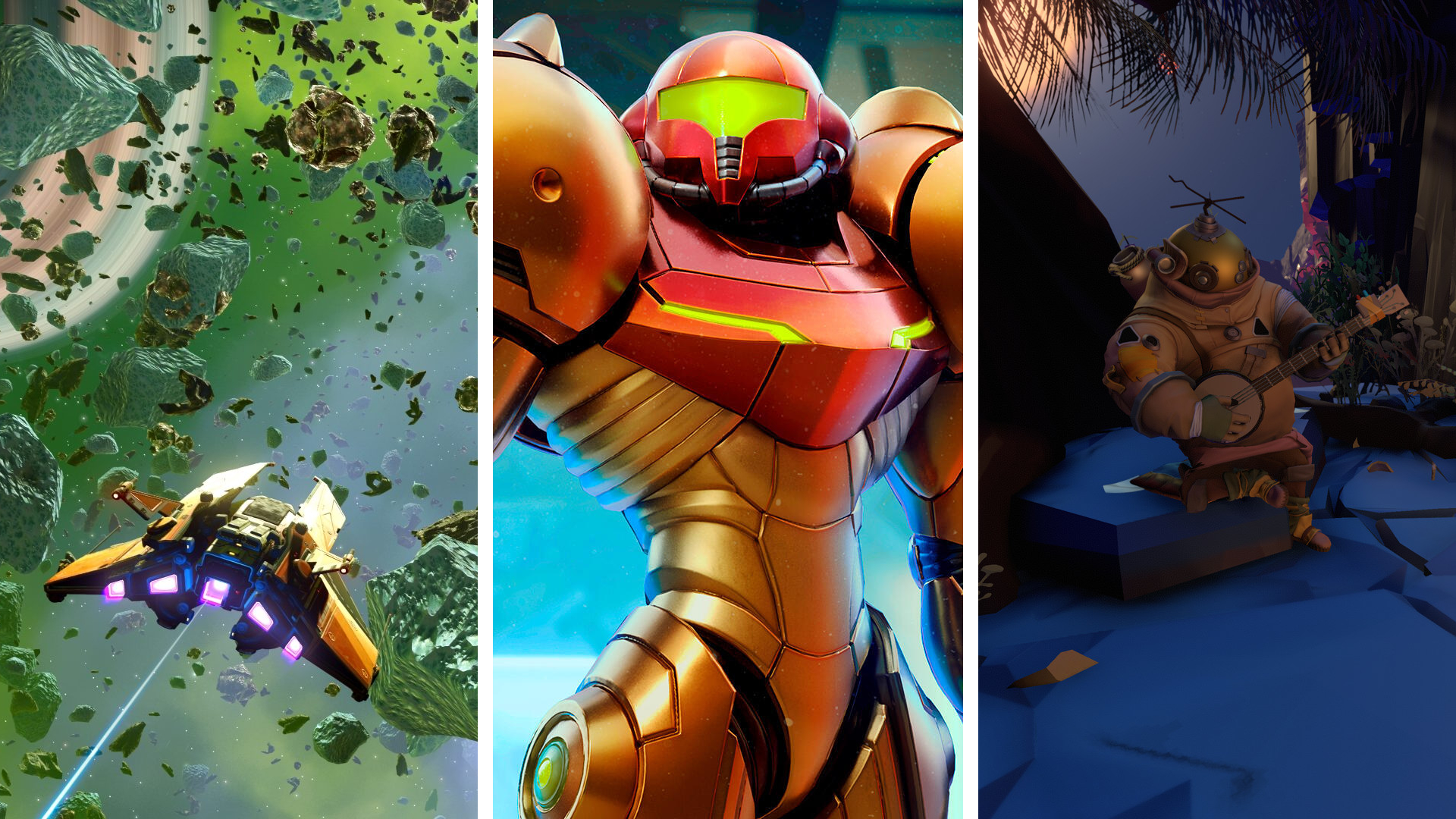 Split image showing screenshots from three Switch sci-fi games: No Man's Sky, Metroid Prime: Remastered, and Outer Wilds