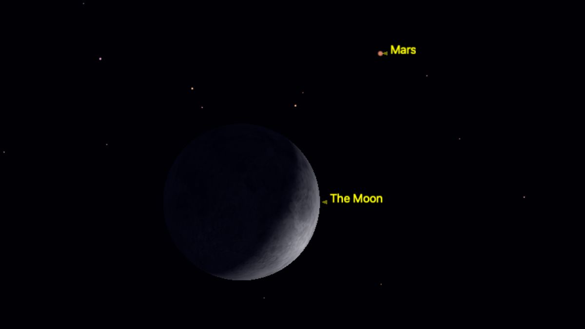 A waxing crescent moon is shown against a dark sky, with Mars pictured to the upper right of the lunar disk.