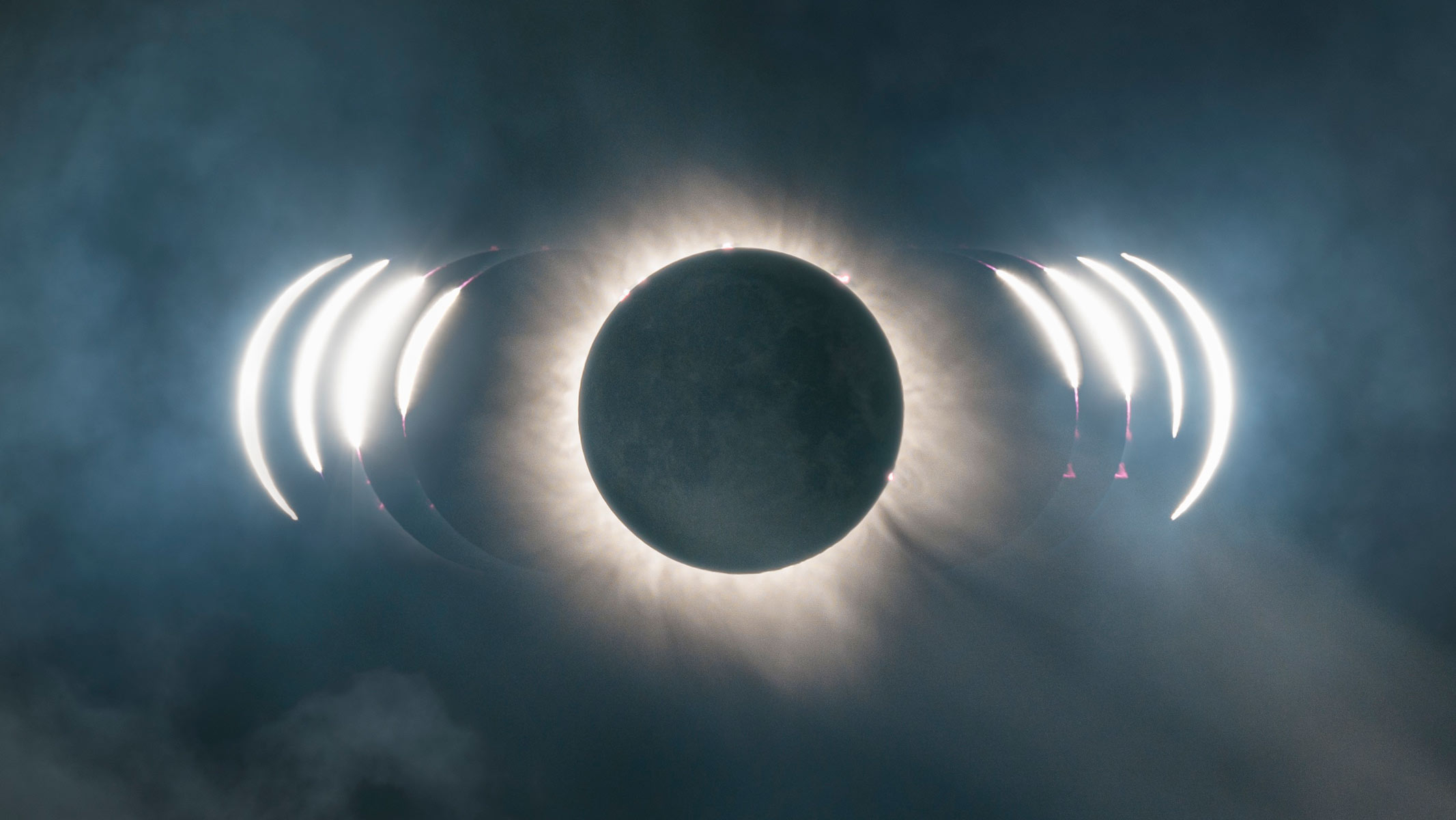 A composite image showing nine stages of a total solar eclipse with totality shown in the middle.