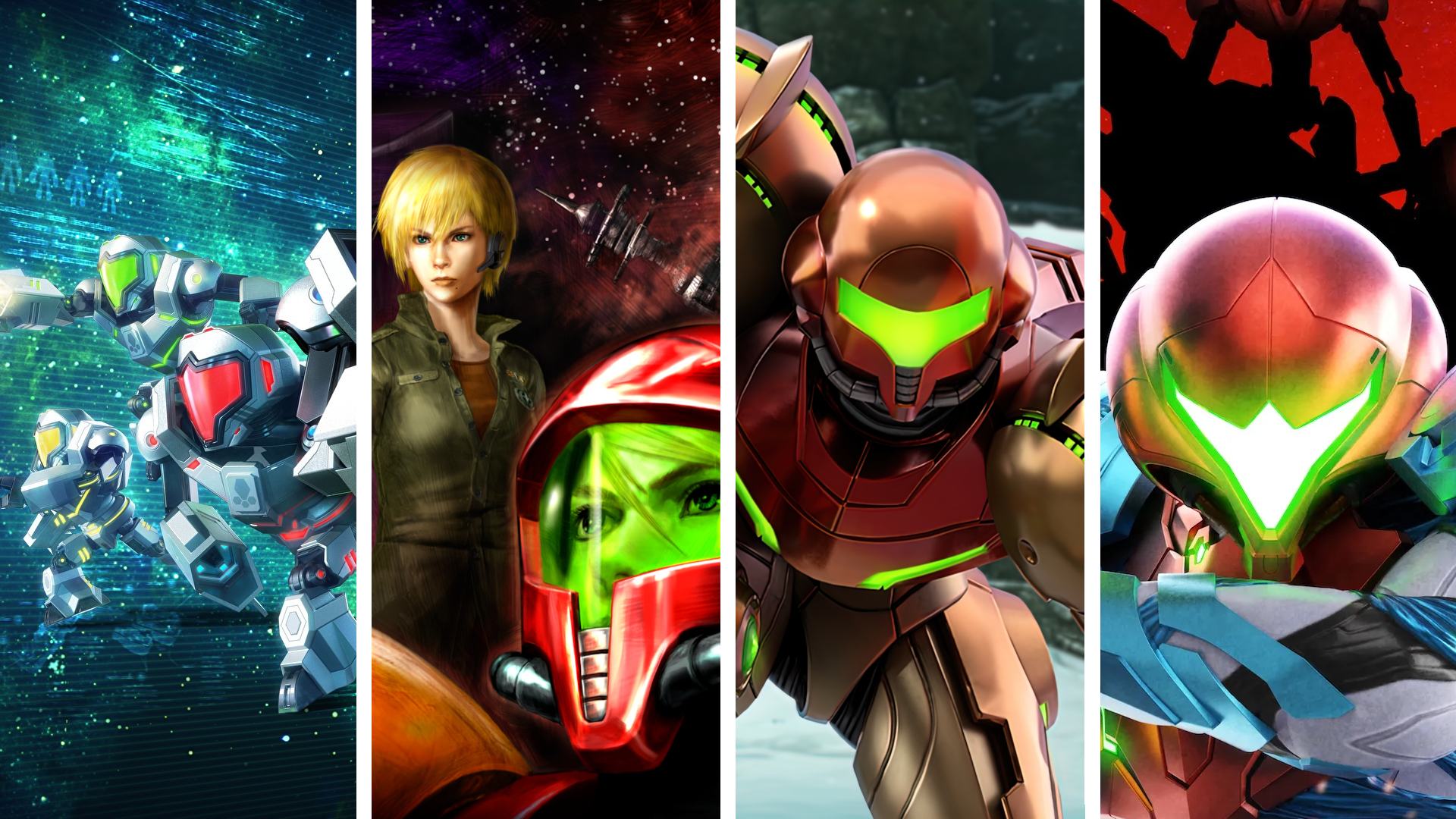 Split image showing screenshots from various Metroid games.