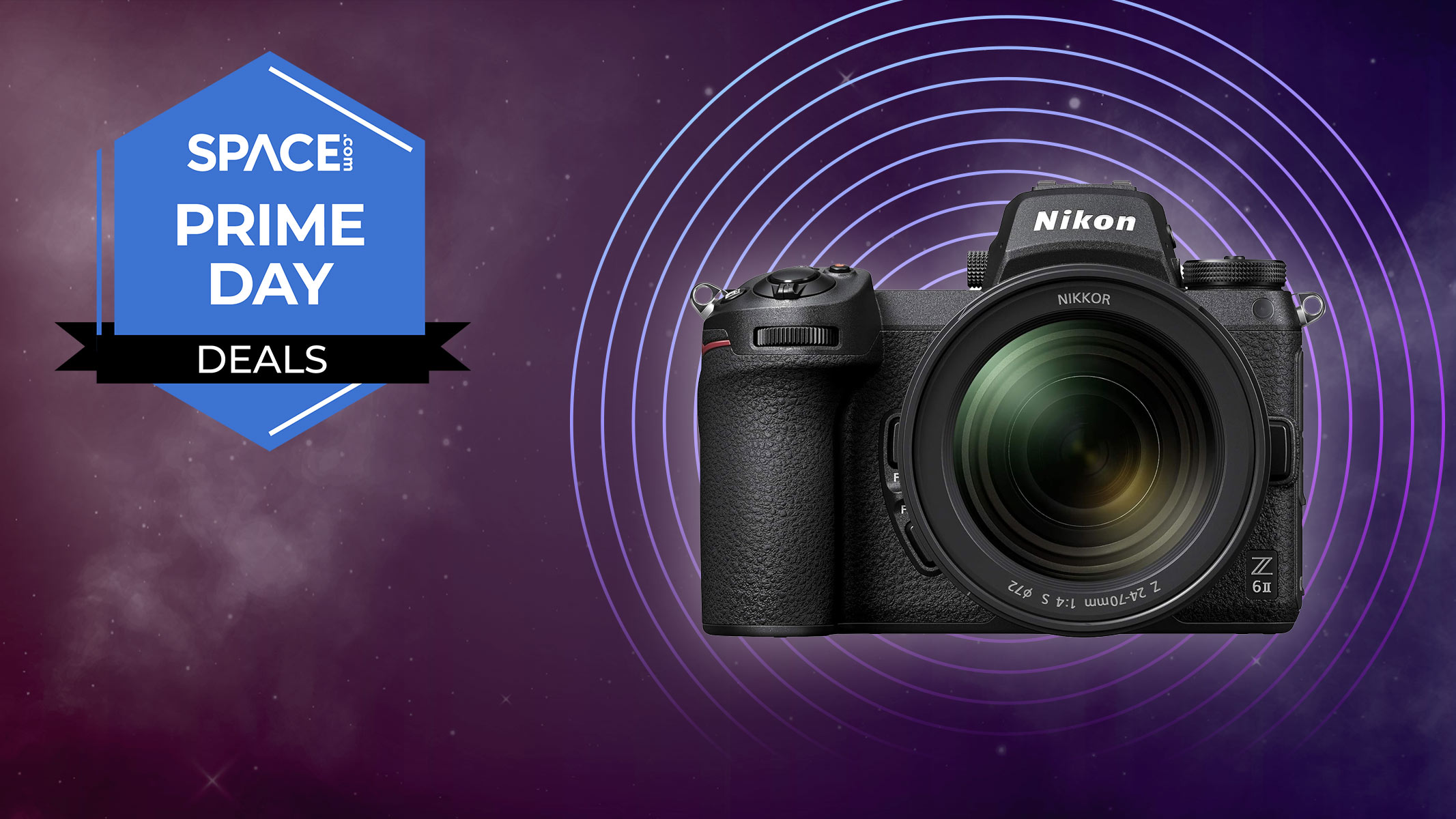 A Nikon Z6 II camera with Nikkor Z 24-70mm f/4 zoom lens attached on a purple Space.com background with a Space.com Prime Day deals badge on the left.