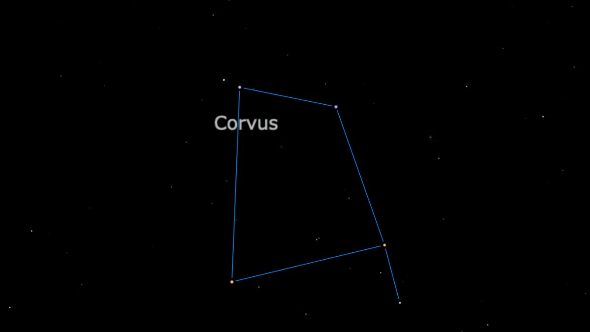 A diagram showing the location of stars in the constellation Corvus. The stellar bodies are joined with a blue line to emphasize the constellation's kite-like shape.
