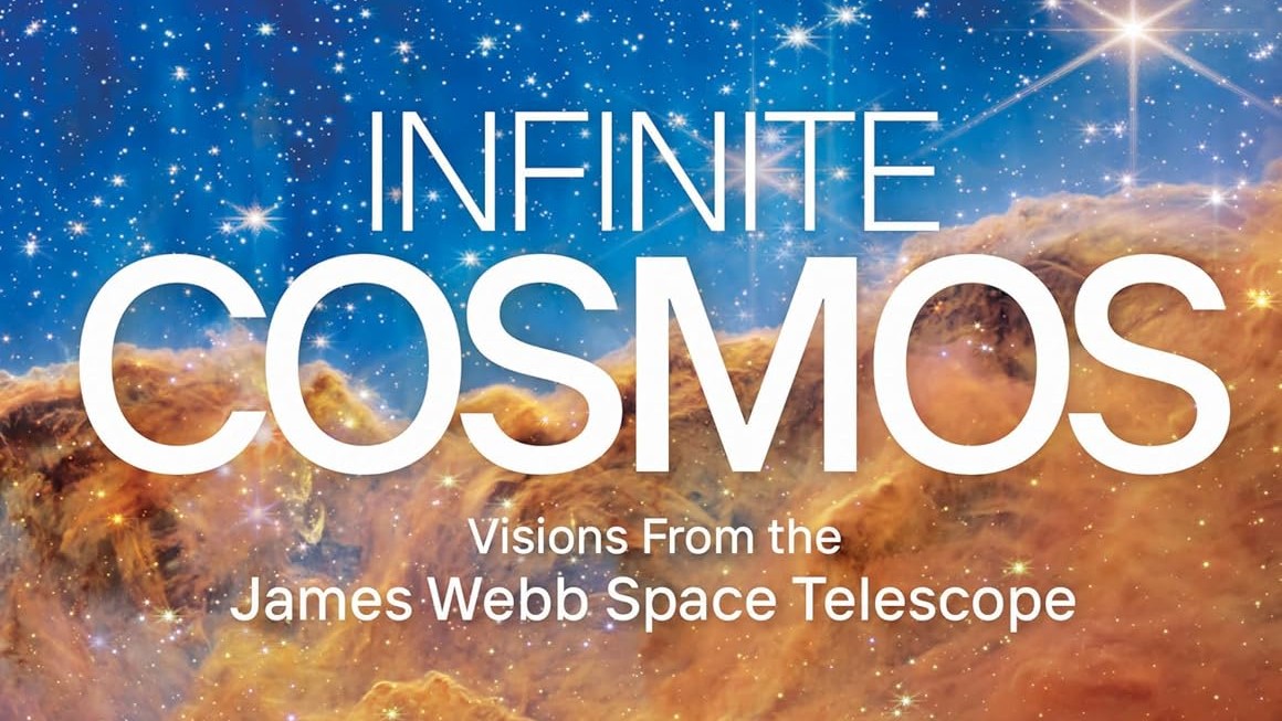 A slice of the official cover for a space science book titled &quot;Infinite Cosmos&quot;