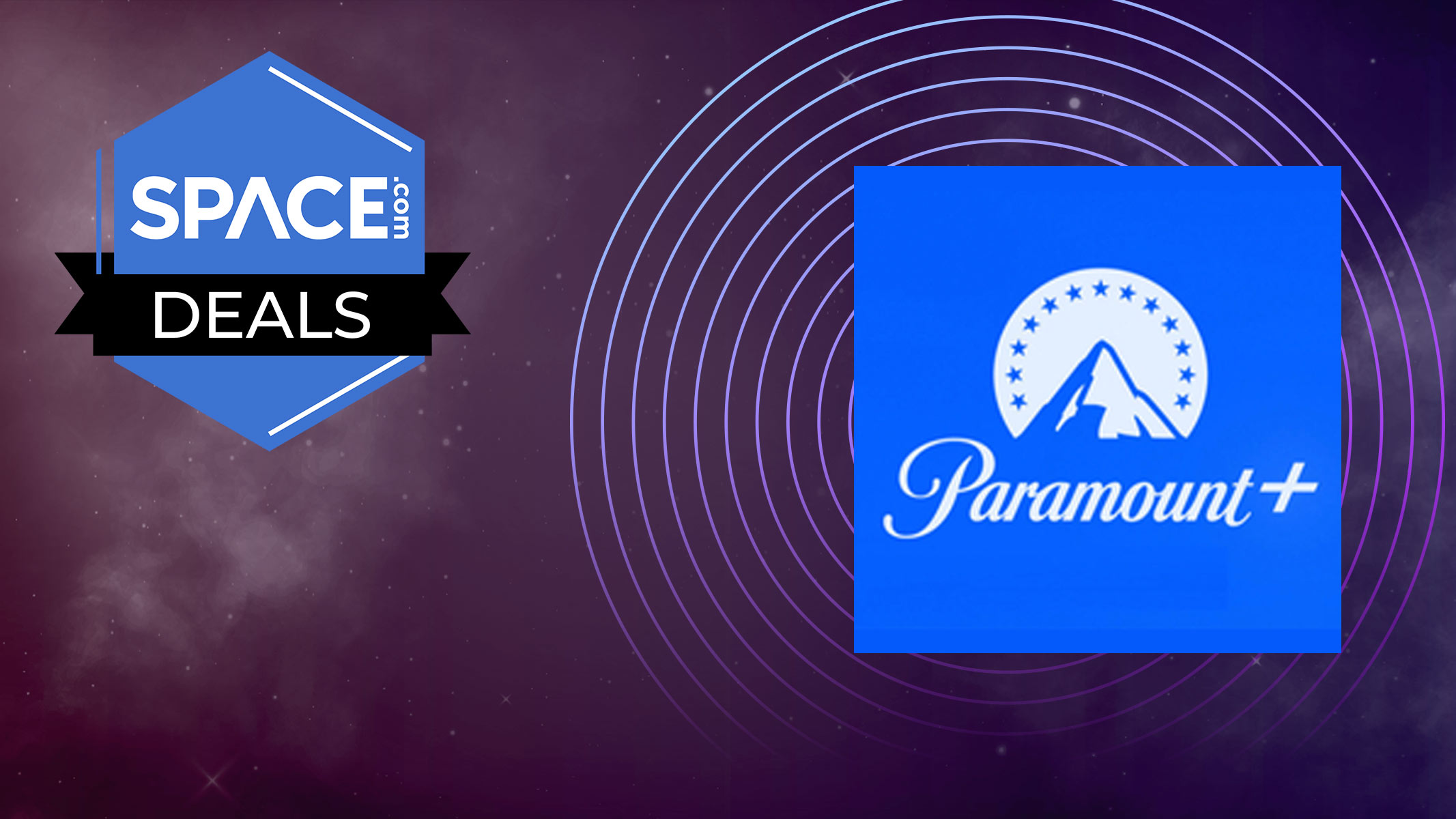 The Paramount Plus logo, in blue, on an orbit circle background with the space.com logo in the top left corner 