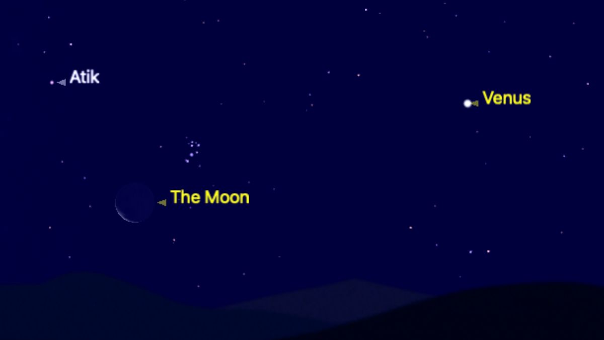 The crescent moon is shown close to the Pleiades open star cluster in the predawn hours of June 23, with Venus shining to the upper right of the image against a simulated night sky.