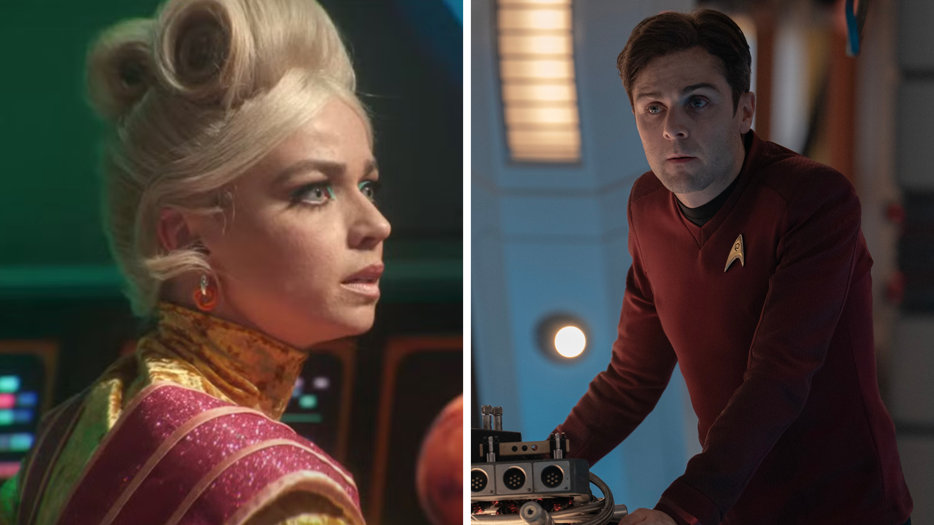 Split image showing a retro-looking female sci-fi character with a pile of blonde hair (left) and a young man in a red Starfleet uniform fixing a broken device on a workbench.