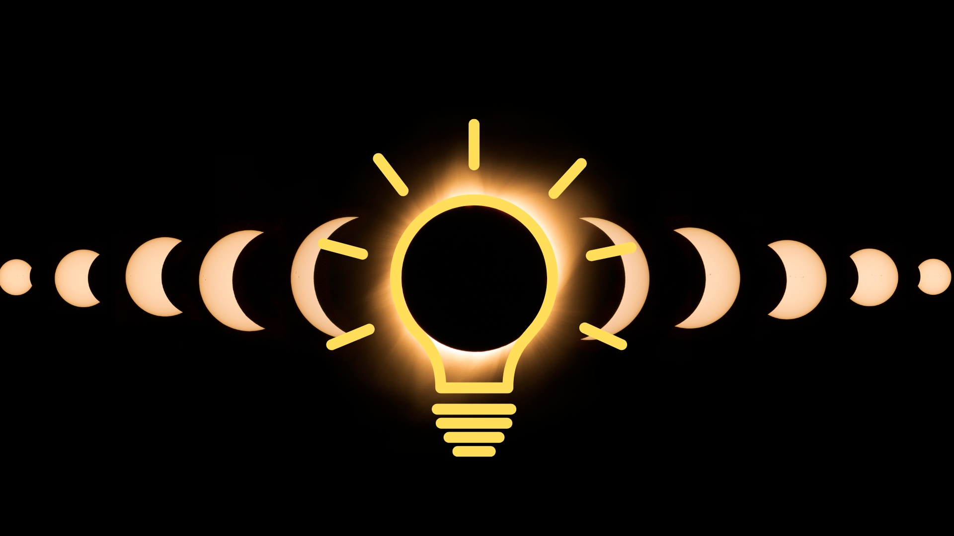graphic showing a sequence of total solar eclipse with the moon taking a progressively bigger bite out of the sun, the center image of full totality is inside a yellow lightbulb.