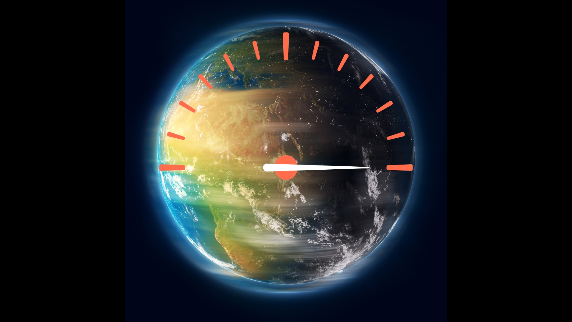 graphic showing a rotating Earth and a vector of a speedometer showing maximum speed