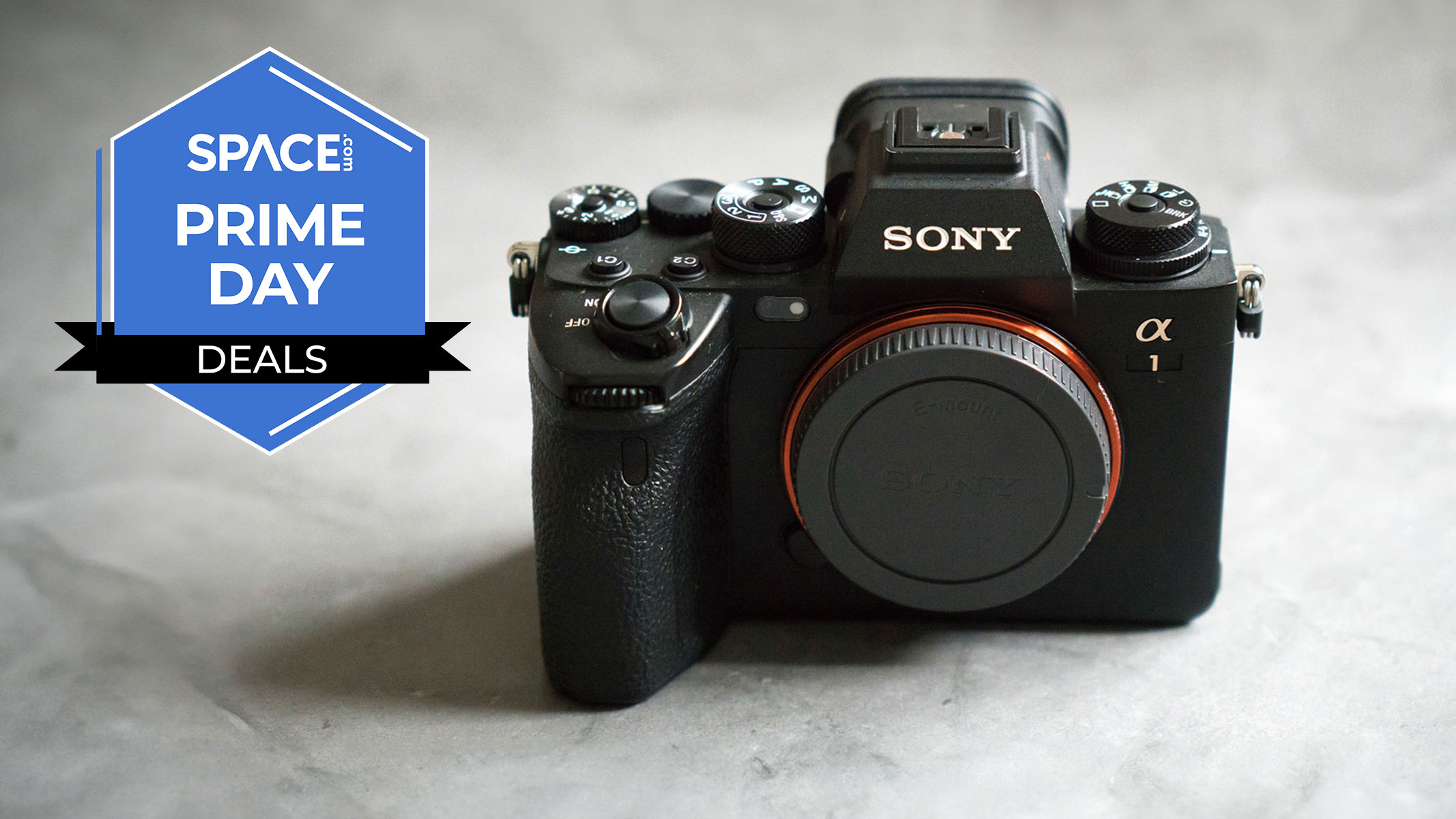 The Sony A1 on a white granite surface with a blue Space.com Prime Day badge in the upper-left corner.
