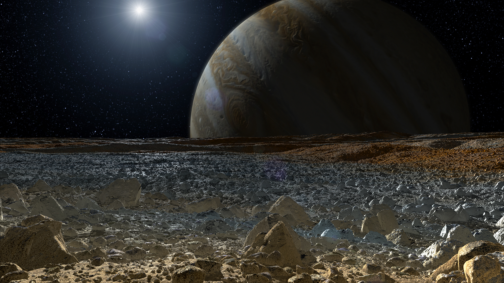 A simulated view from the surface of Europa, one of Jupiter's four Galilean moons.