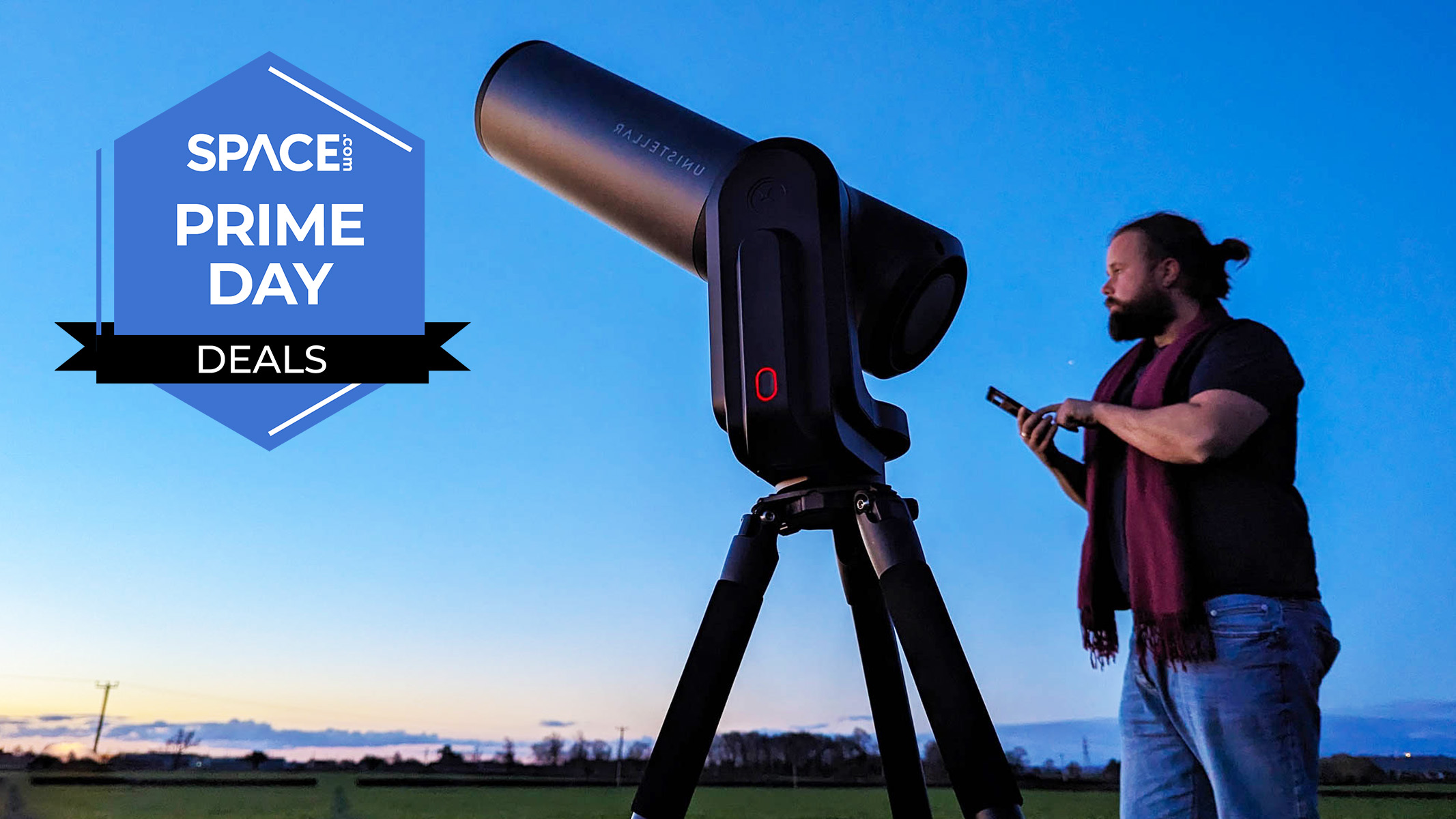 A person standing near a Unistellar Equinox 2 telescope, in a field, with a Space Prime Day deals badge to the left. 