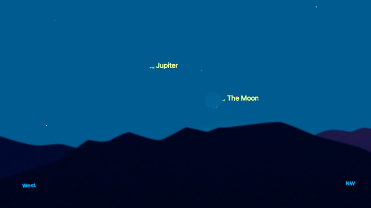 A simulation of the night sky on May 27. The thin crescent moon is positioned close to the north-western horizon, with Jupiter shining close to its upper left.