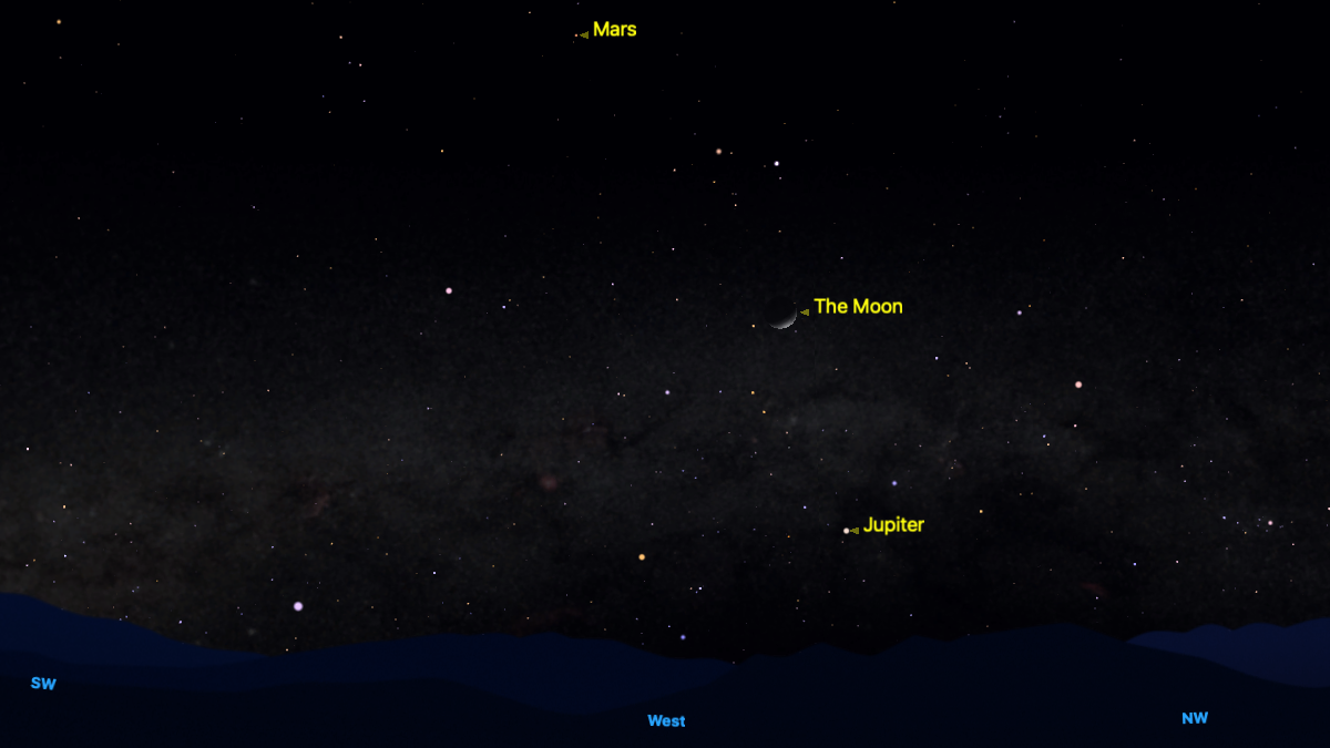 The waxing crescent moon can be found above Jupiter, and below Mars on the night of May 1.