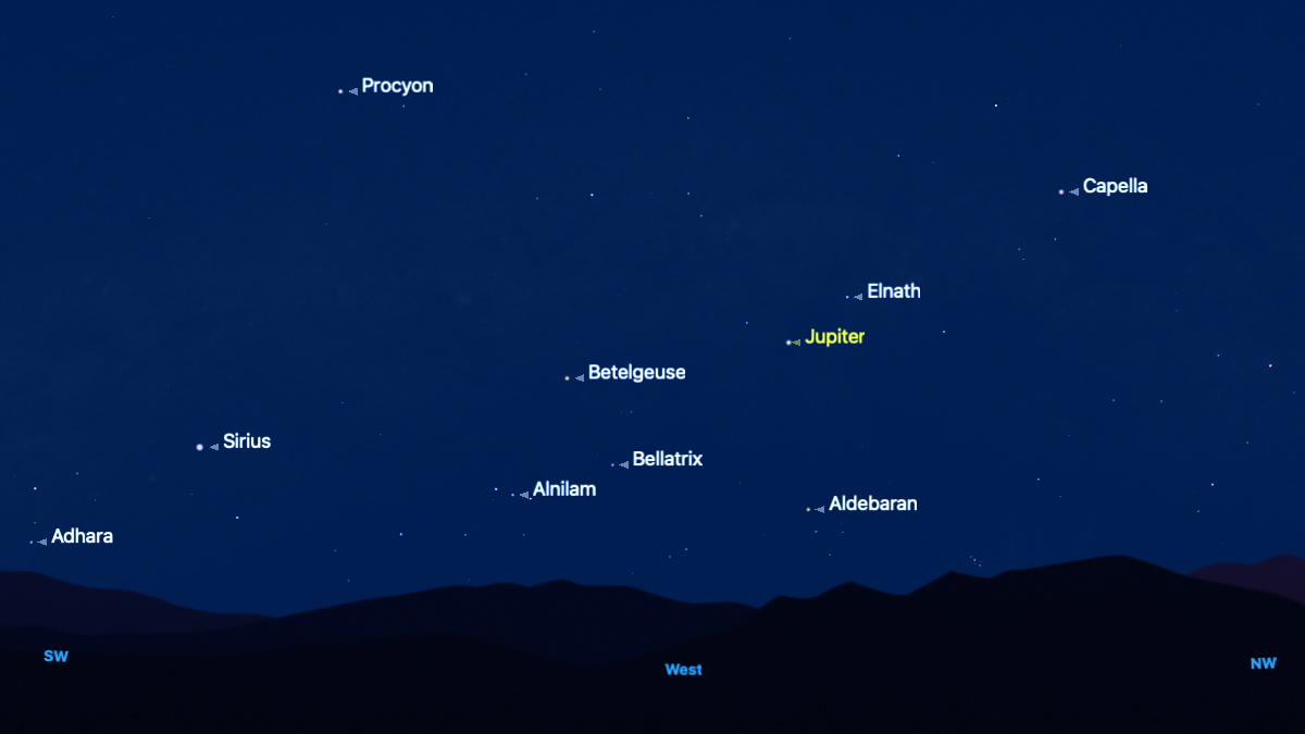 A night sky map showing the location of Jupiter above the western horizon. To the left of Jupiter is Betelgeuse and farther to the left is Sirius.