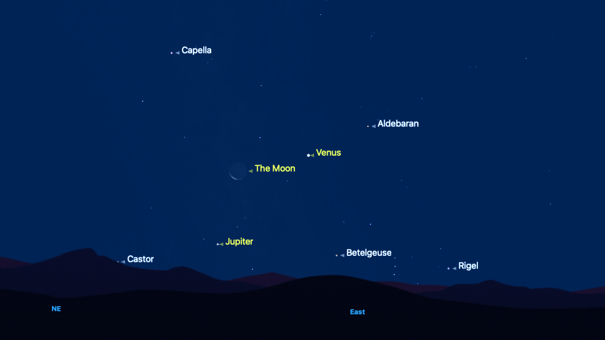 The position of the moon is shown on a simulated sky for the night of July 22. Venus is shown to the right of the crescent moon, while Jupiter is below, close to the eastern horizon.