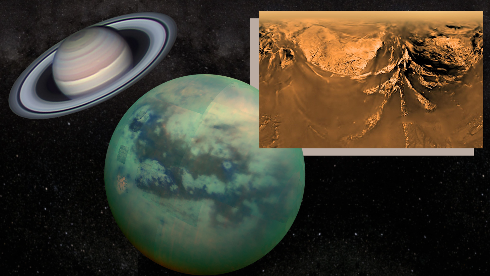 (Main) an illustration of Saturn and titan. (Inset) the lanscape of Titan as seen by Huygens from an altitude of 33,000 feet