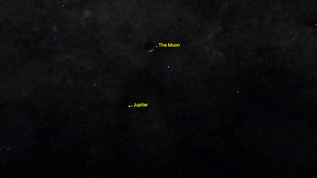 The moon appears above Jupiter in the north western sky after sunset on the night of April 30