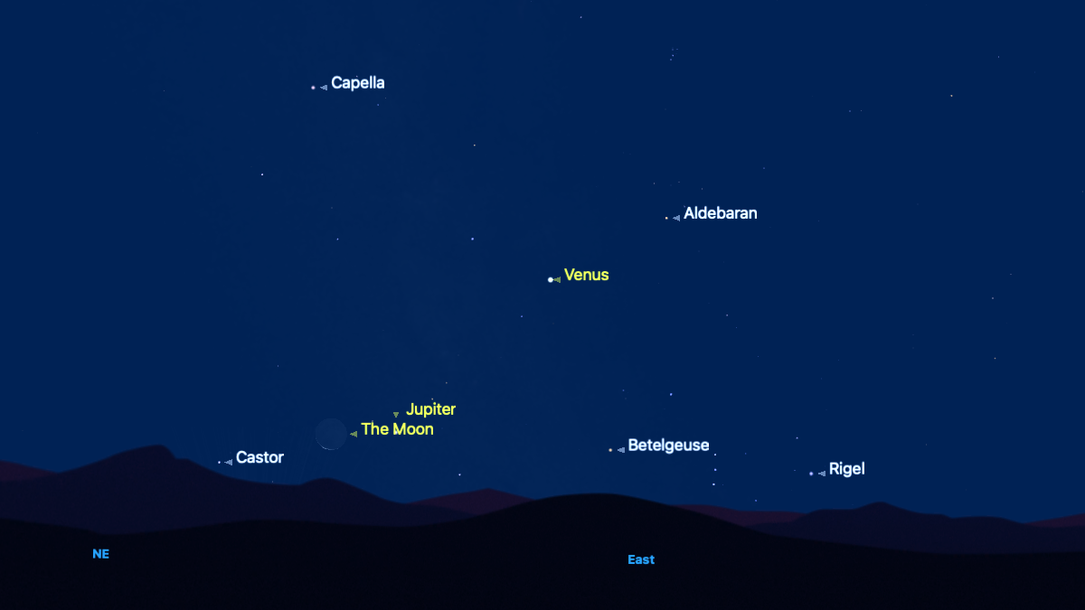 A simulation of the night sky showing the waning crescent moon close to the northeastern horizon with Jupiter to its right, and Venus beyond that.